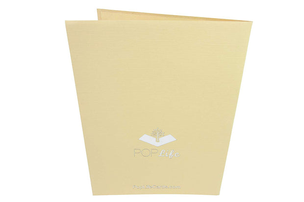 Back cover of card with light brown color and printed PopLife logo